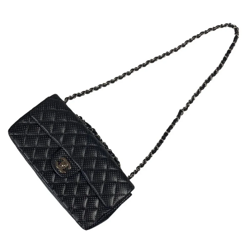 Chanel East West Classic Shoulder Flap Bag Quilted Black Perforated Leather - Picture 9 of 16